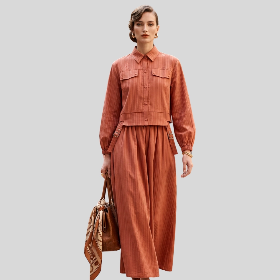 Rust Striped Button-Down Maxi Set