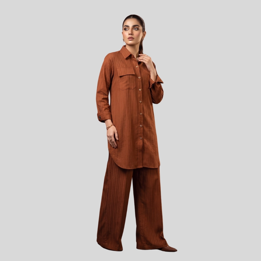 Tan Textured Tunic & Wide-Leg Trouser Set