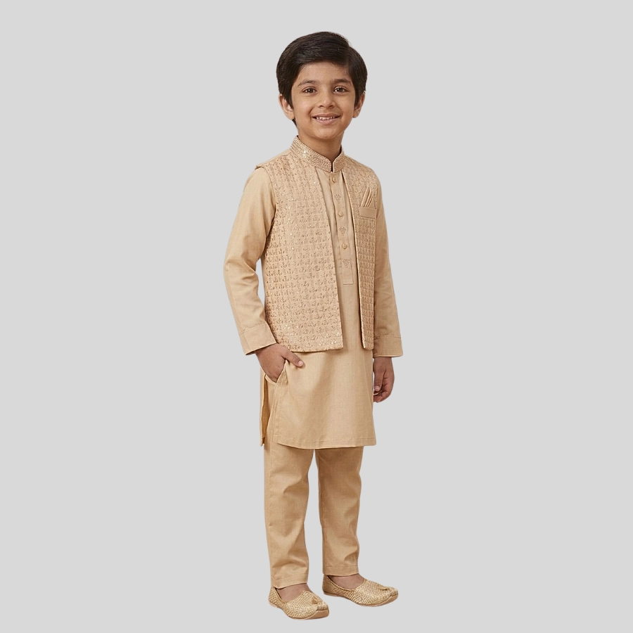Boys Long Waistcoat Kurta Pajama Three Piece Suit