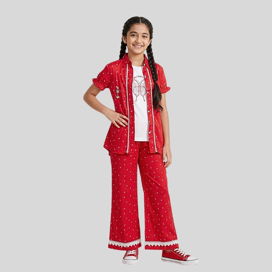 Girls Open Shirt Trouser With White Inner Three Piece