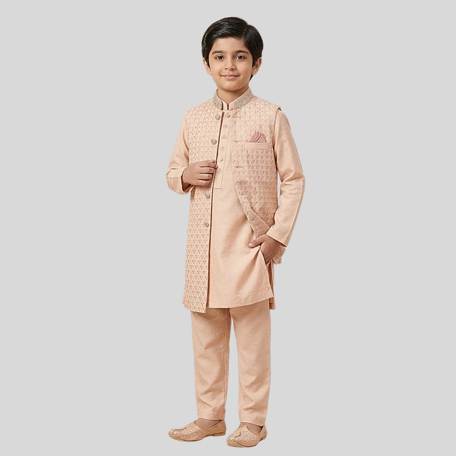 Boys Long Waistcoat Kurta Pajama Three Piece Suit