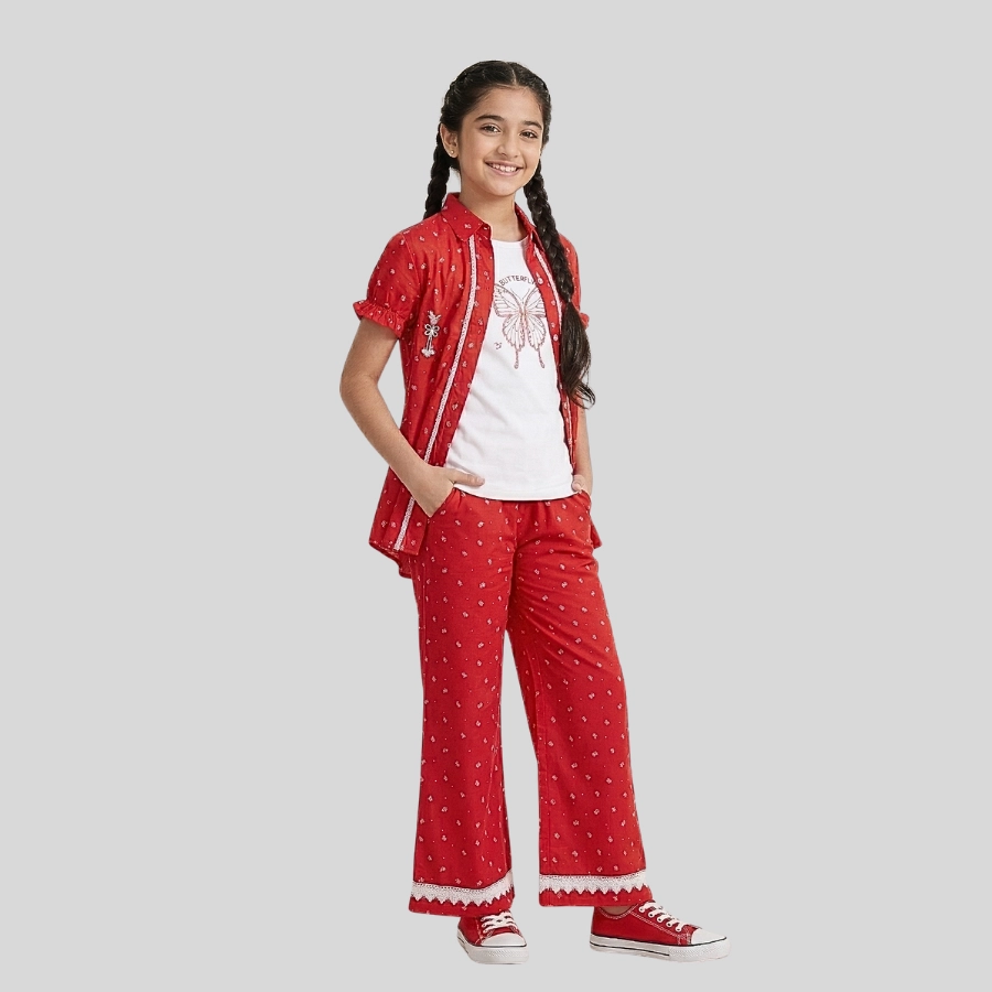 Girls Open Shirt Trouser With White Inner Three Piece